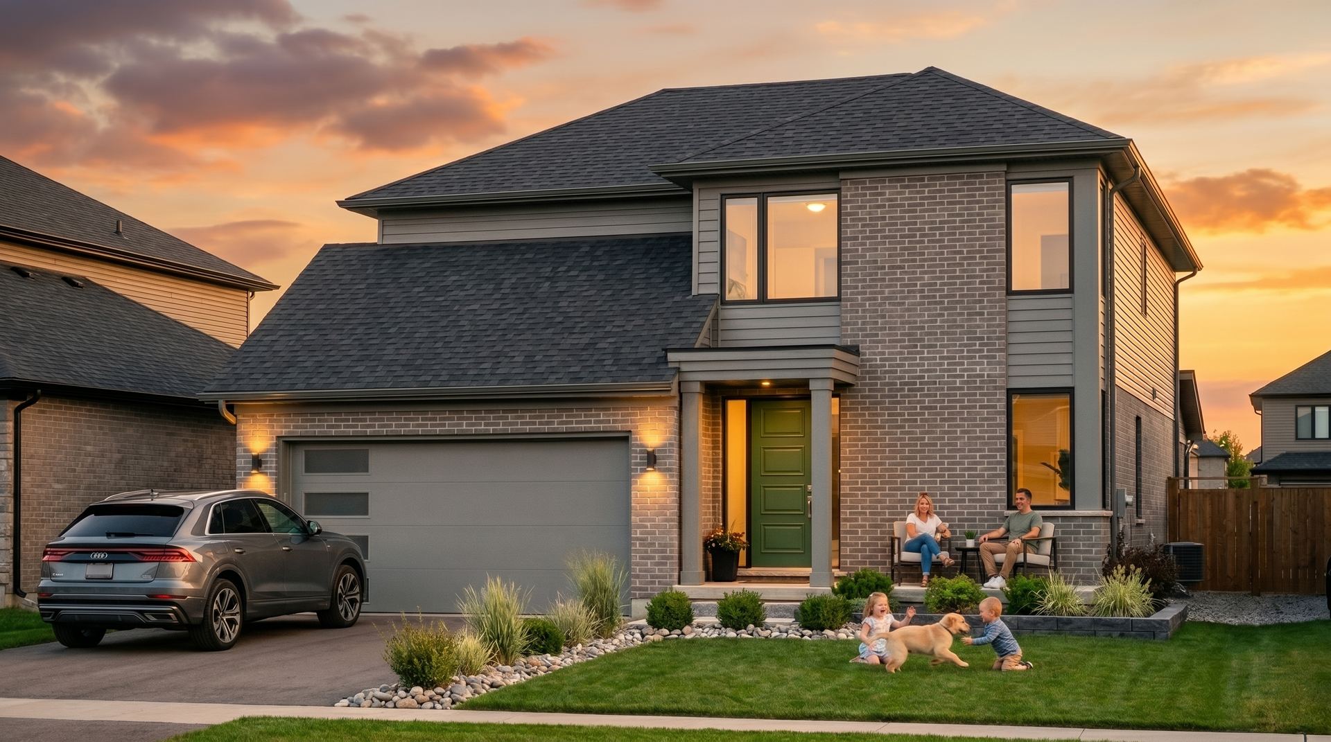The Mallard — grey brick contemporary with toddlers and puppy on front lawn at sunset